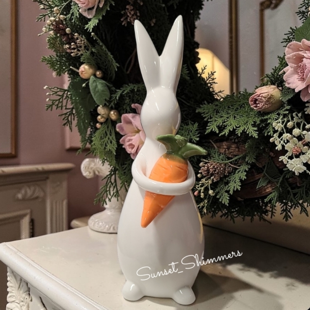 Easter Spring White Ceramic Standing Bunny W. Carrot Figurine Statue Chic NEW